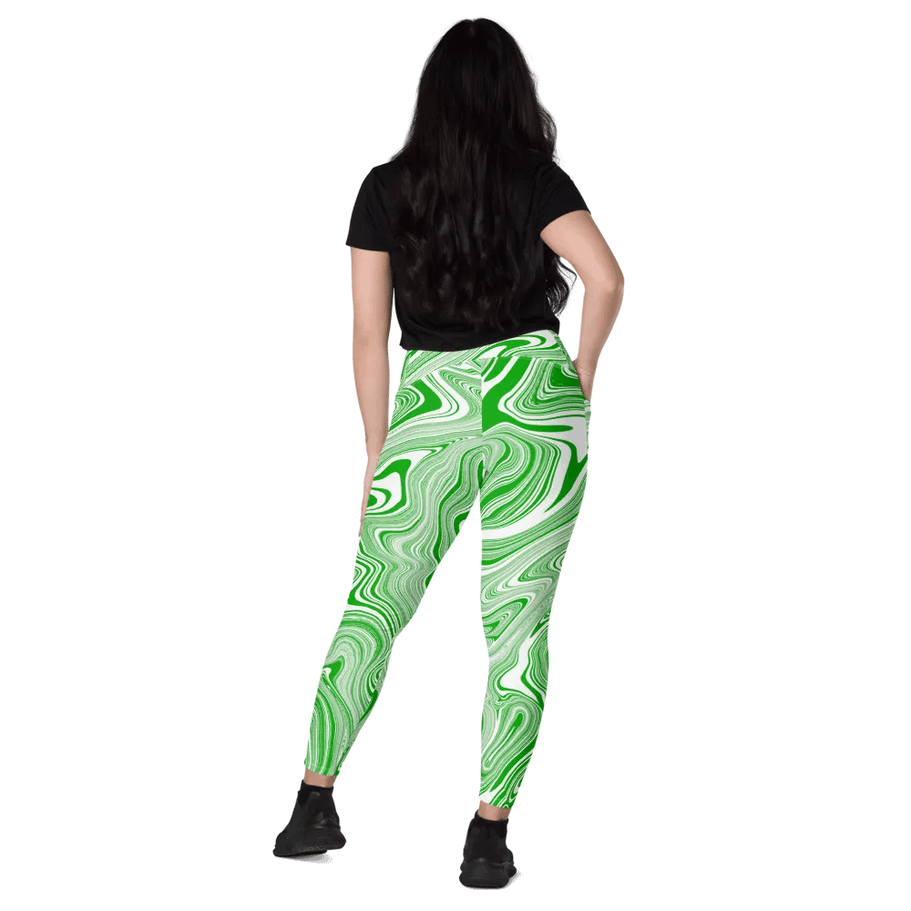 Leggings with Pockets - Green and White Liquid Swirls product image (11)