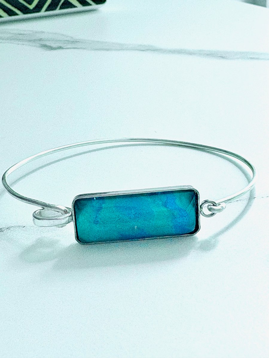 ⚡ Electric Tide Bangle | 6.75" Silver-Plated Wire Bracelet with Teal Rectangle Charm | Handmade Coastal Charm Jewelry by Monique Faella Designs™ | MFD-00180 product image (3)