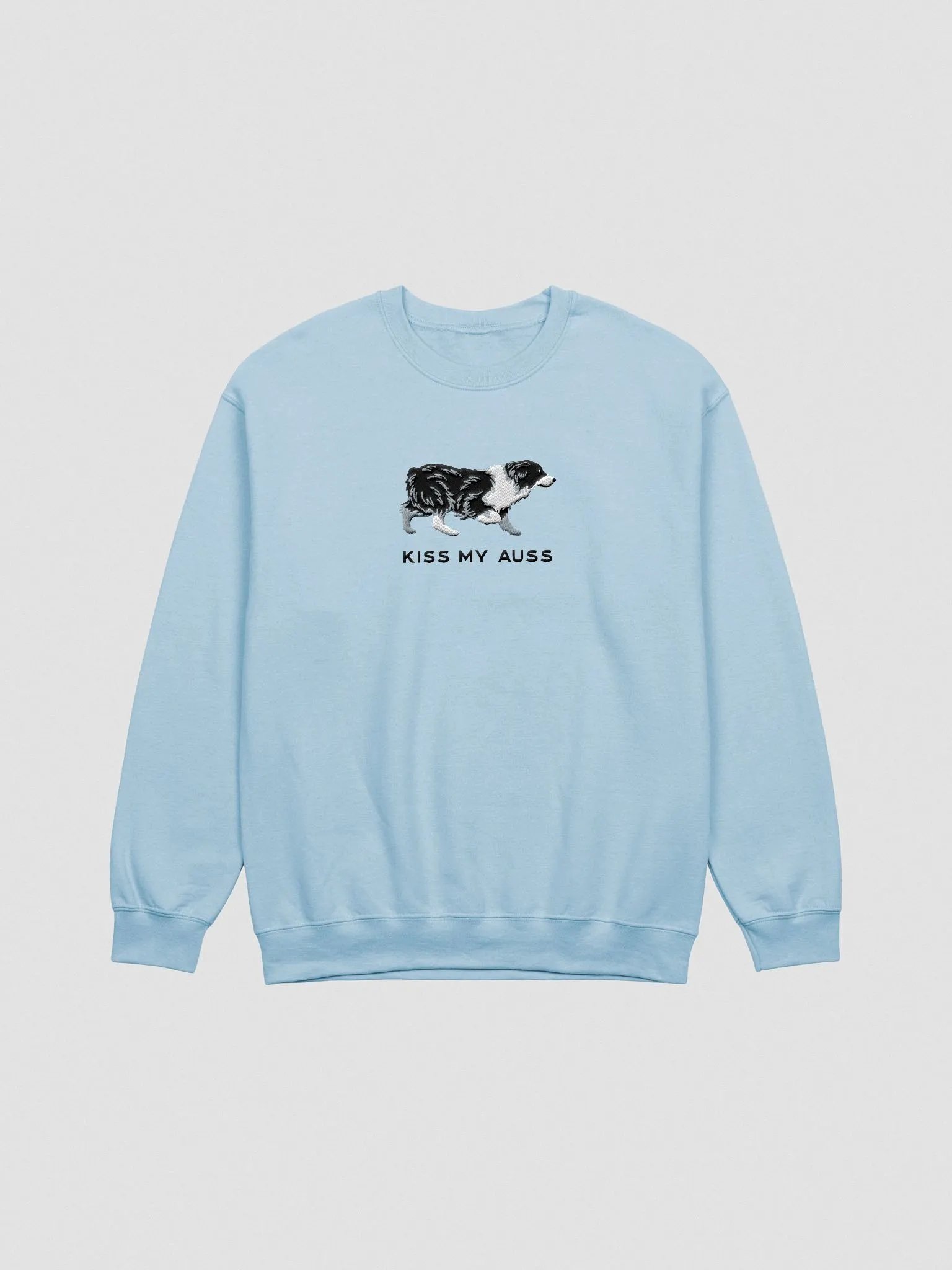 Kiss My Auss Sweatshirt (Embroidered) of an Australian Shepherd(Black & White) product image (4)