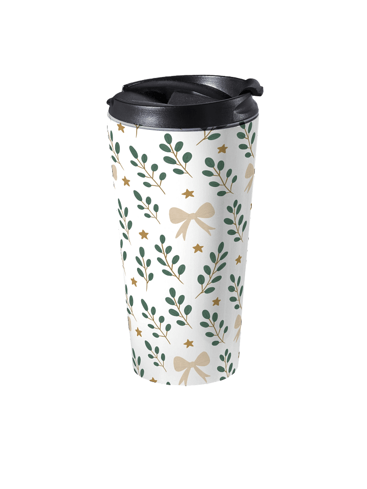 Stainless steel travel mug ribbons & stars botanical Christmas. Elegant holiday thermal mug product image (2)