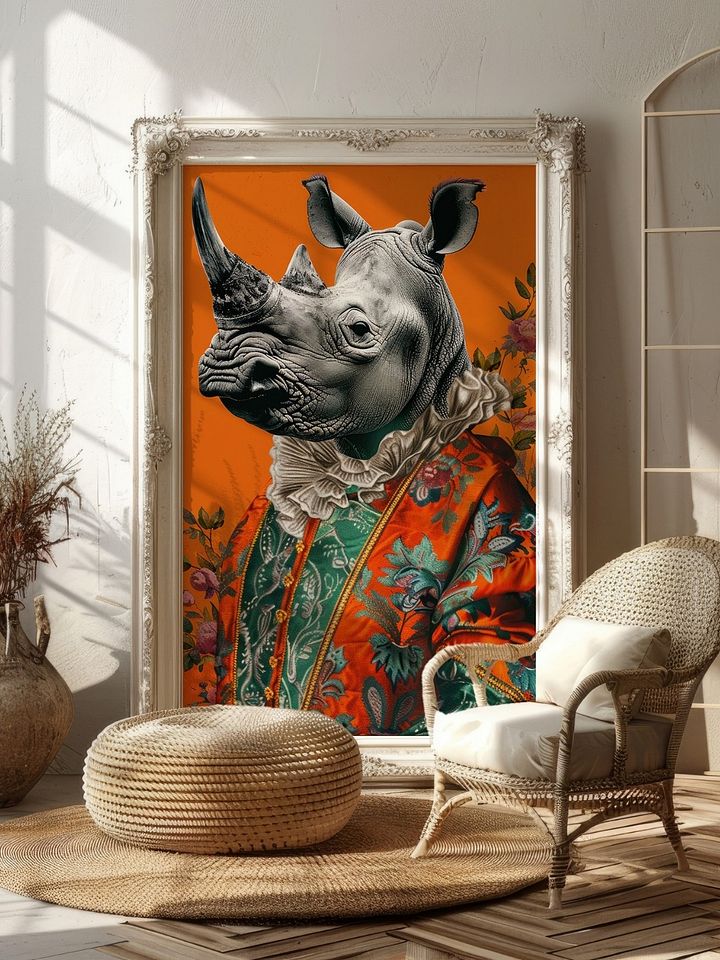 Rococo Rhino Portrait Burnt Orange Animal Fashion Art Print product image (2)