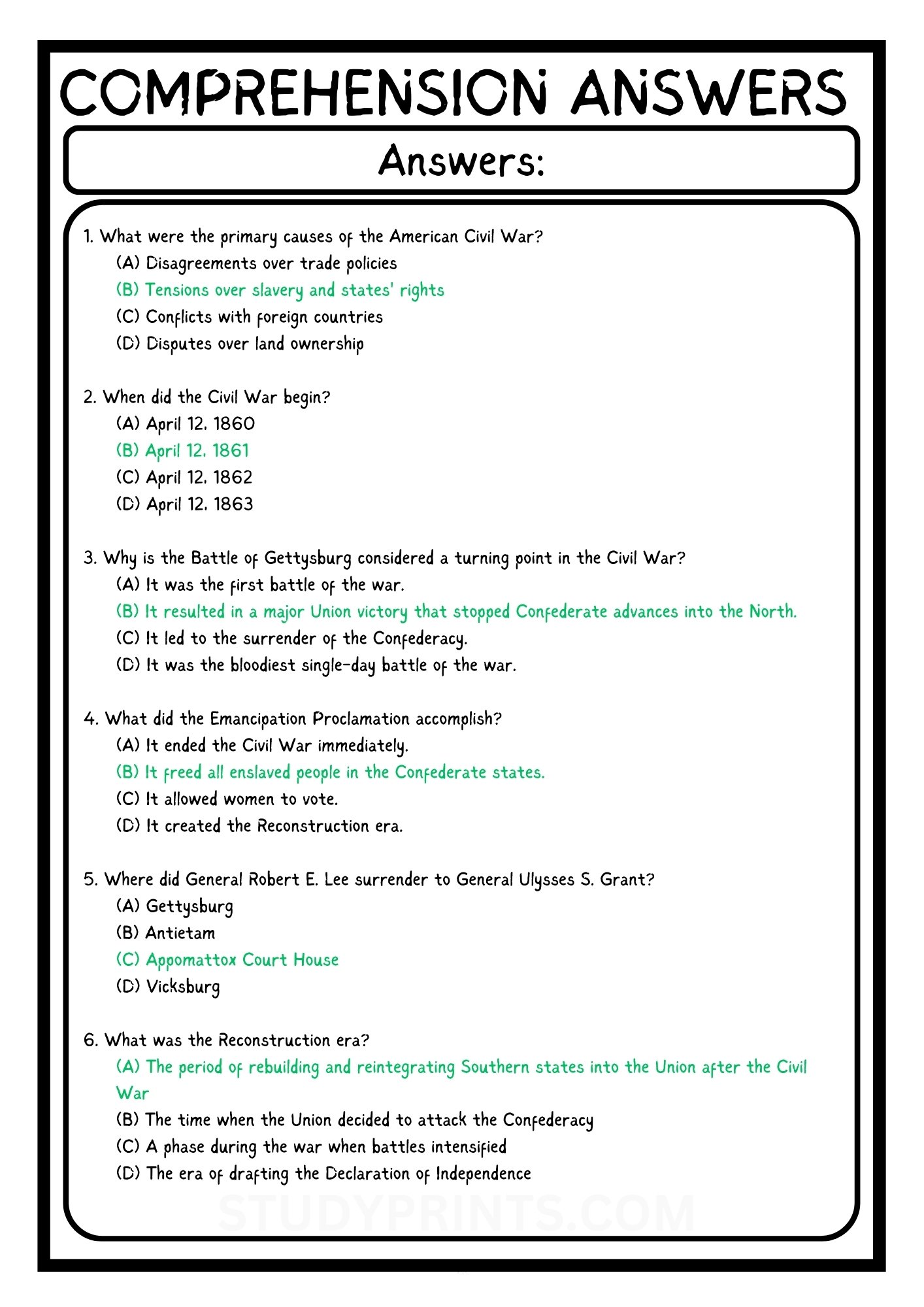 American Civil War Reading Comprehension Worksheet with 6 Questions PDF product image (4)