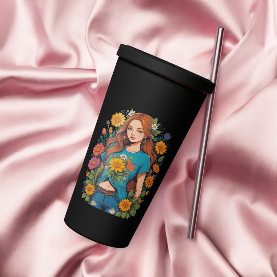 Bloomcore Flower Girl 20 oz Tumbler Cup - Black - Insulated Tumbler with a Straw - v1 product image (4)
