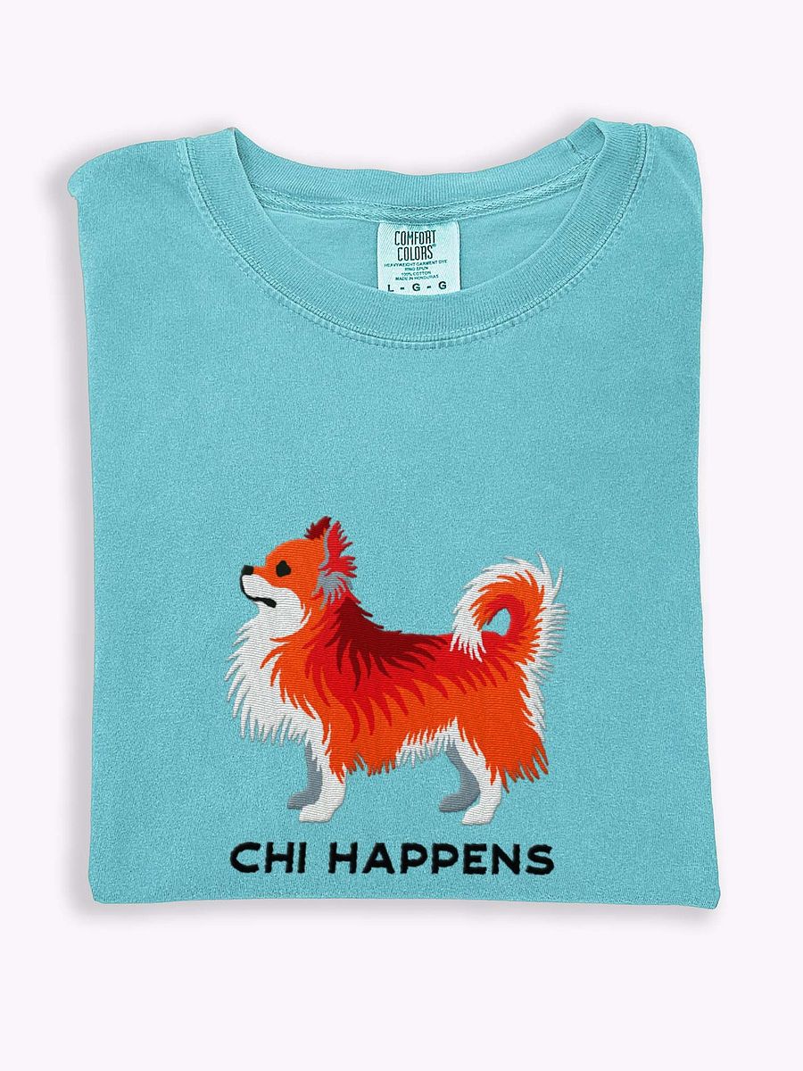 Chi Happens T-Shirt(Embroidered) of a Longhaired Chihuahua(Red) product image (1)