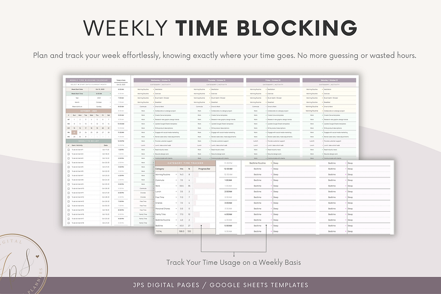 Time Blocking Planner Spreadsheet | Google Sheets Template | 24 Hour Weekly Schedule | Time Blocking Digital Planner | Monthly Task Calendar product image (3)