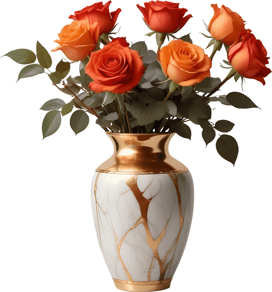 Golden Elegance Vase with Orange Roses - PNG product image (1)