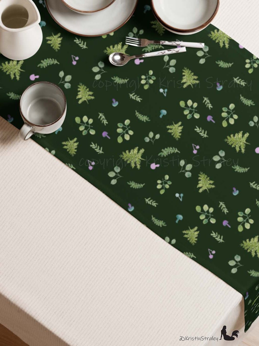 Woodland Ferns & Mushrooms on Dark Green Table Runner product image (4)