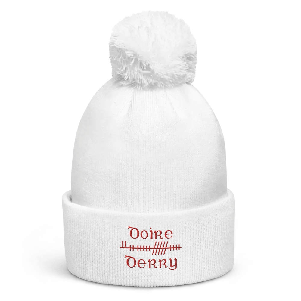 Derry/Doire Orthodox style Ogham, white with red, embroidered Pom-Pom Beanie product image (1)
