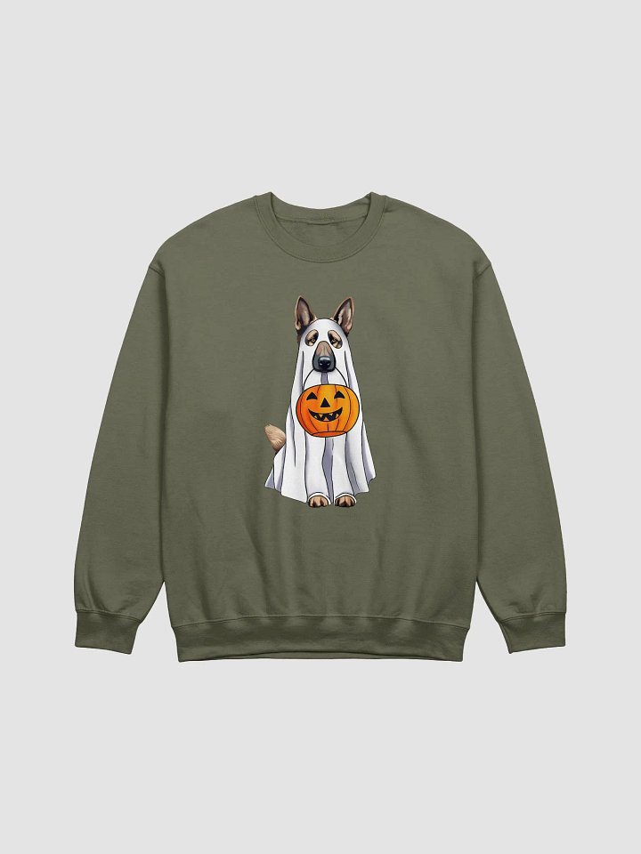 German Shepherd Halloween Sweatshirt | Funny Halloween German Shepherd Wearing a Ghost Costume with Pumpkin Basket product image (1)