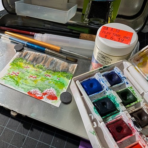 Painted a first pass at a mushroom meadow, chosen by @junegold_bloom for their giveaway reward from get Grumpy to Nova <3 wil...