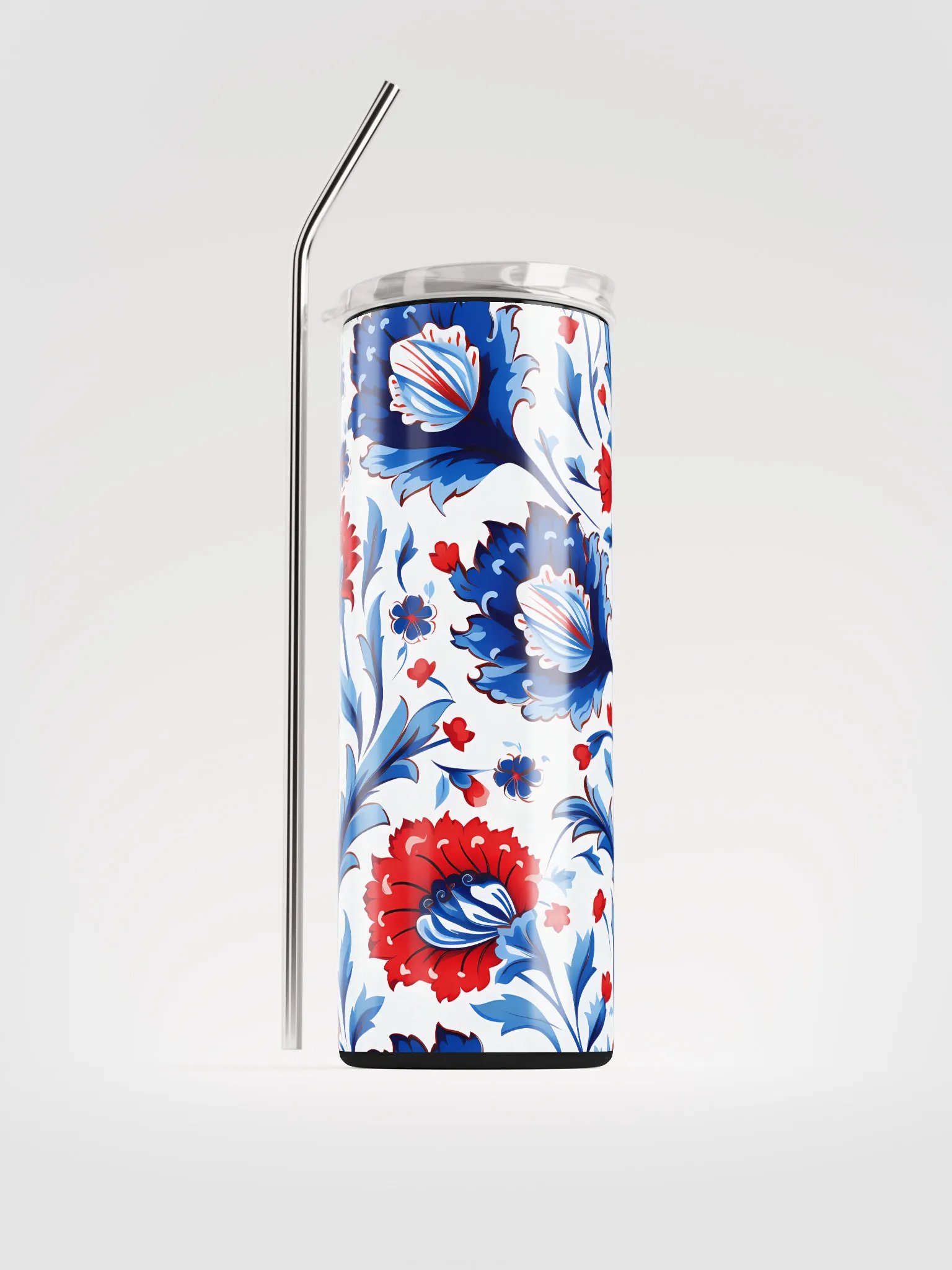 Colorful Pattern, Red, White, and Blue Flowers Skinny Tumbler with Straw, 20oz product image (2)