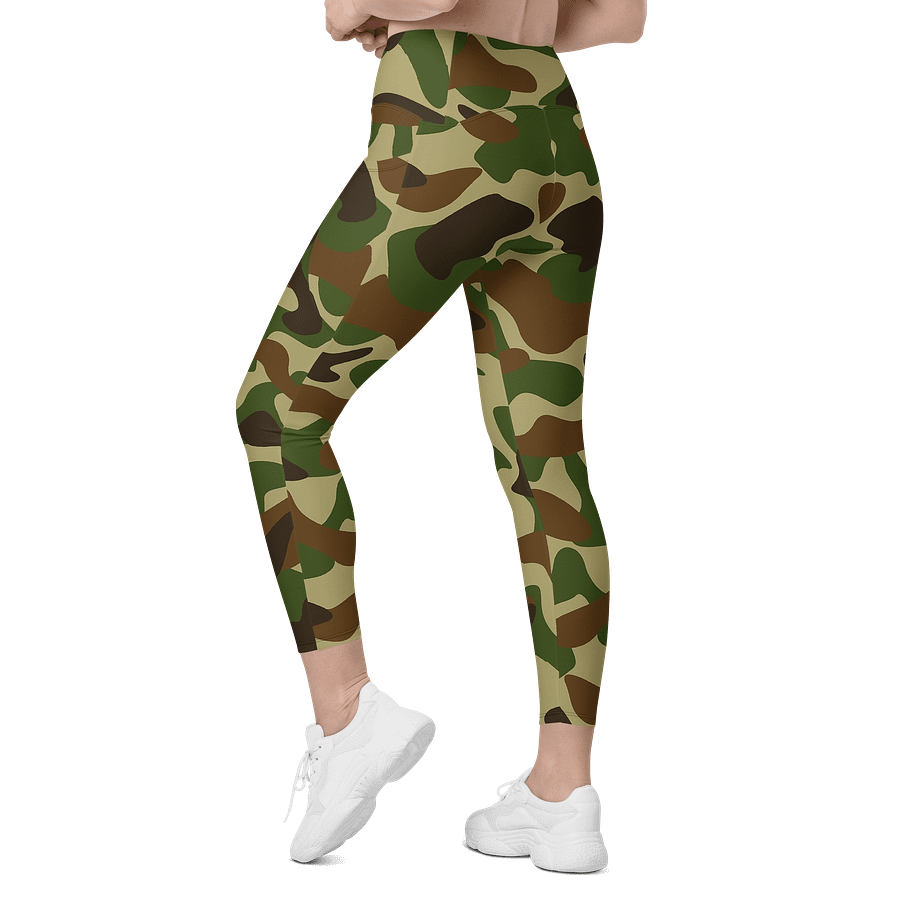 Woodland Green Army Camouflage Military Camo Pattern Crossover Leggings with Pockets product image (6)