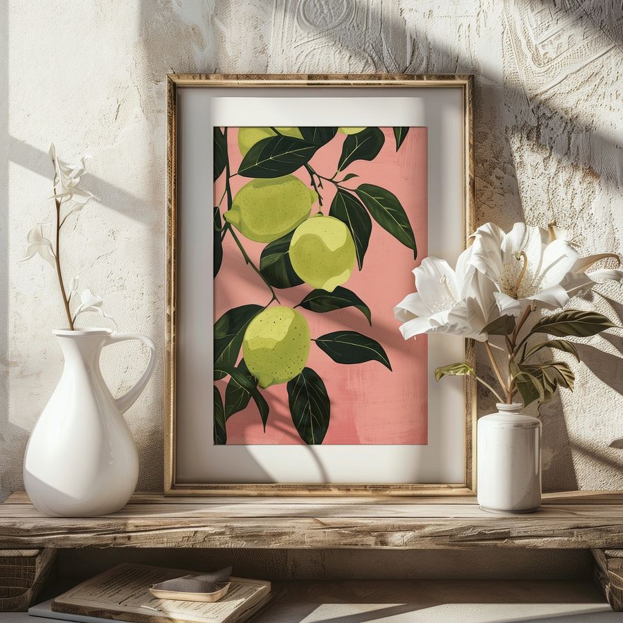 Lime Lemons on Pink Pastel Kitchen Wall Art Print product image (19)