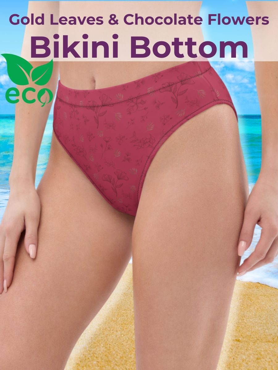 Gold Leaves and Chocolate Flowers on Magenta Eco-Green High-Waisted Bikini Bottoms product image (1)