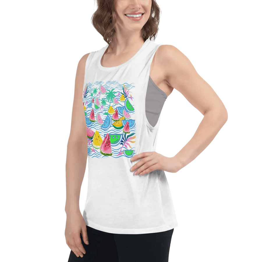 Ladies flowy muscle tank with fun tropical watermelon design for holiday vibe in summery colors product image (6)