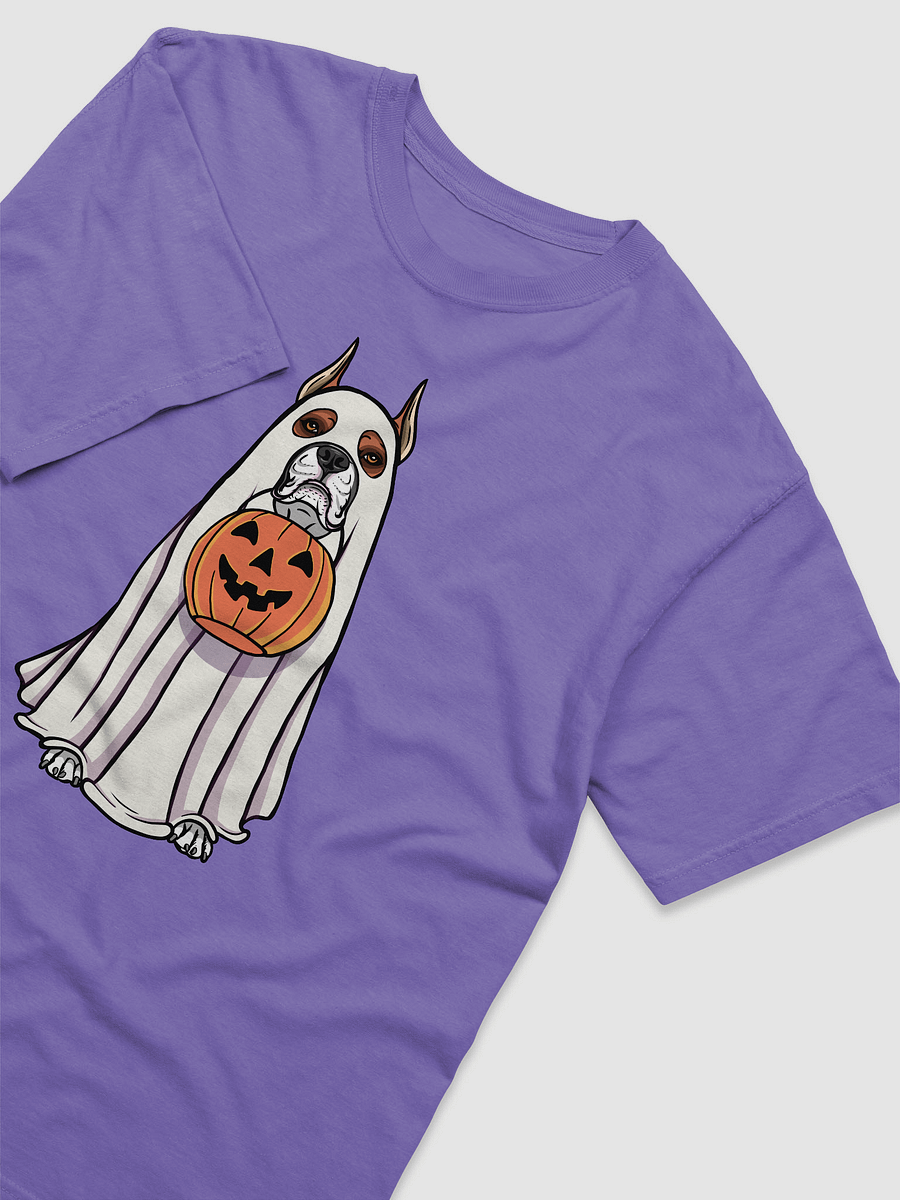 Funny Halloween Boxer Dog(Cropped Ears) T-Shirt | Funny Boxer Wearing a Ghost Costume and Holding a Pumpkin Basket product image (30)