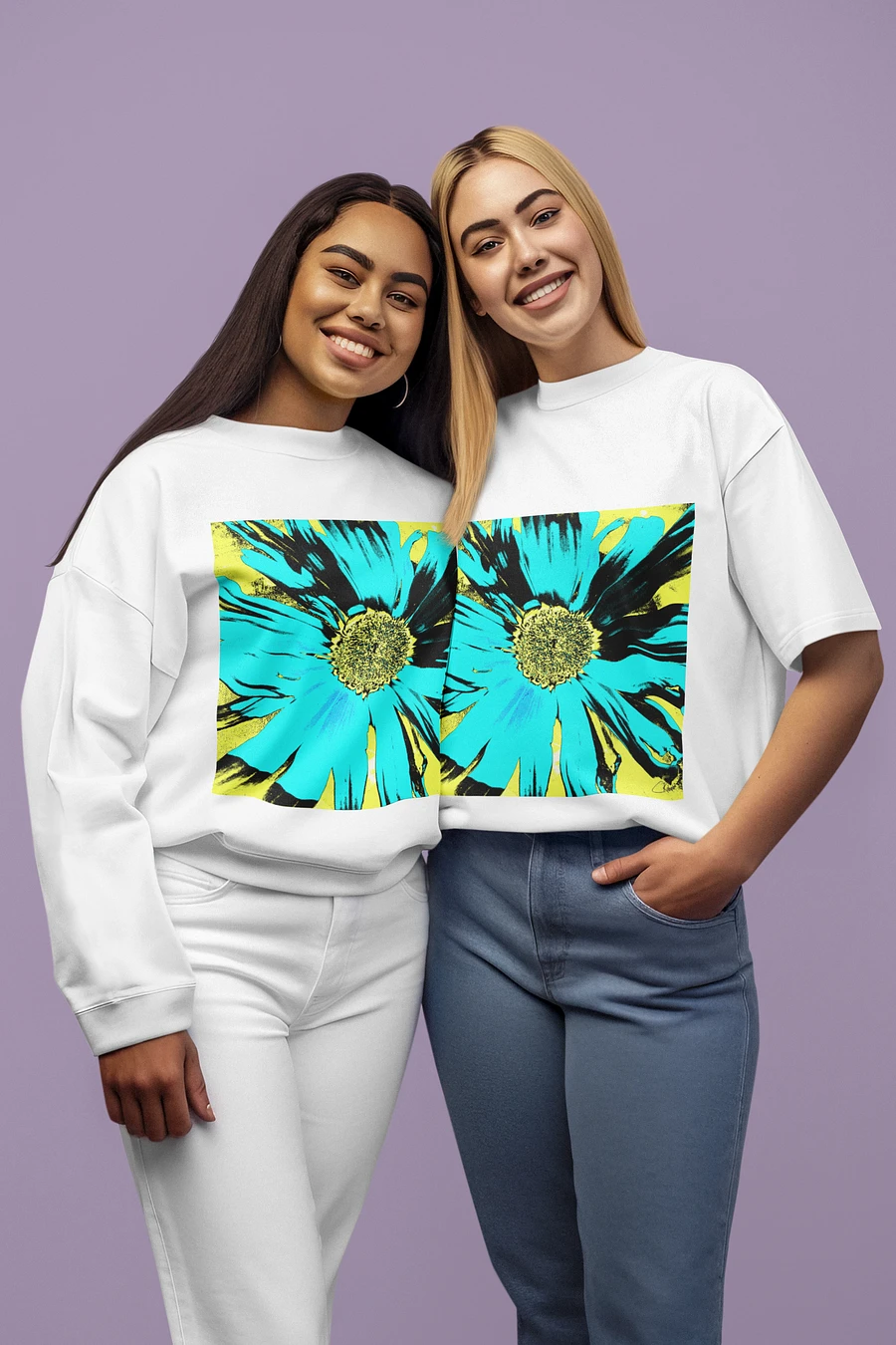 Abstract Yellow, Turquoise and Black Daisy Flower Ladies Crew Neck Sweatshirt product image (5)