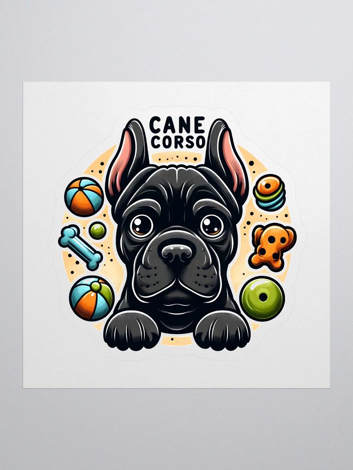Black Cane Corso Surrounded by Toys Sticker – Fun Dog Lover Decal product image (1)