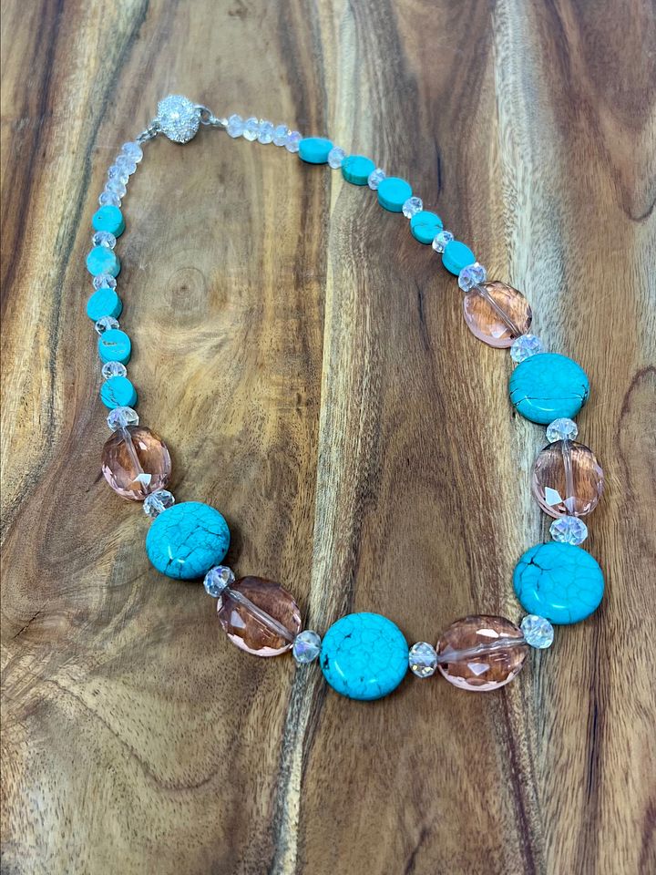 Handmade Necklace (Turquoise, Pink and AB Crystals) product image (2)
