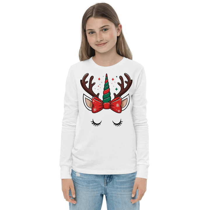 Whimsical Reindeer Unicorn Youth Long Sleeve Tee White product image (1)