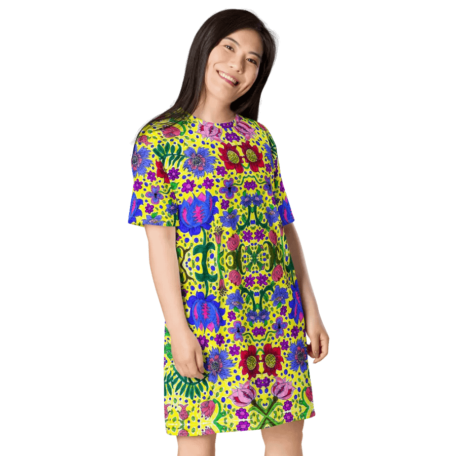 Abstract Vibrant Flower Garden Ladies T Shirt Dress product image (5)