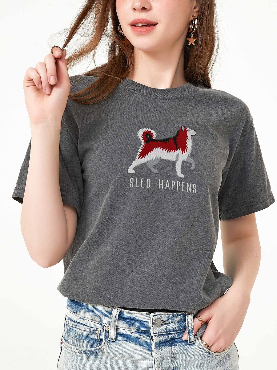 Sled Happens T-Shirt(Embroidered) of an Alaskan Malamute(Red & White) product image (2)