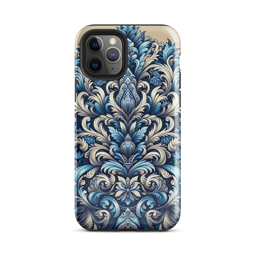 Tough Phone Case for iPhone® - Rococo Damask Floral Design in Blues and Gray product image (2)
