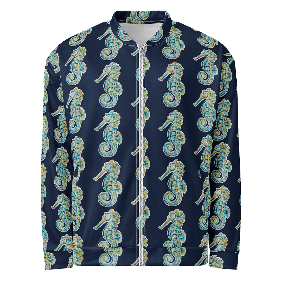 All-Over Print Bomber Jacket | Coastal Cool, City Bold | Monique Faella Designs™ Style | Deep Sky Blue Logos on Painted Seahorses Pattern product image (1)