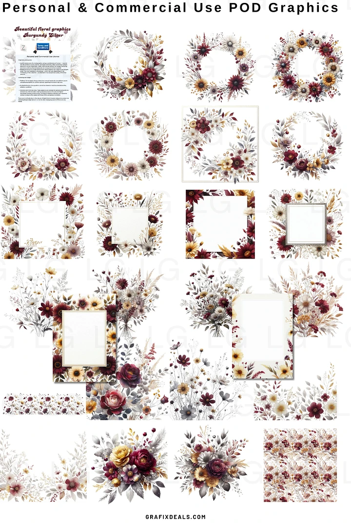 26 Burgundy Yellow Floral Graphics Bundle! Commercial POD Use product image (2)