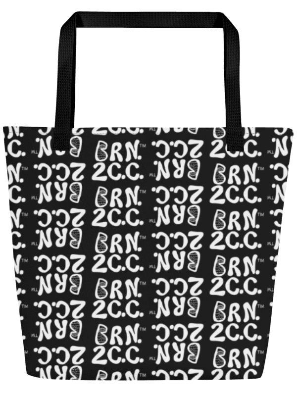 BRN.2C.C.™ | Large Tote Bag with Pocket | Coastal Classic | All-Over Logo Print | White Logo Repeat on Black product image (4)