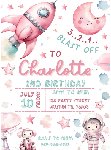 Digital Stellar Space Explorer Birthday Invitation- Canva - Astronaut Girl product image (1)