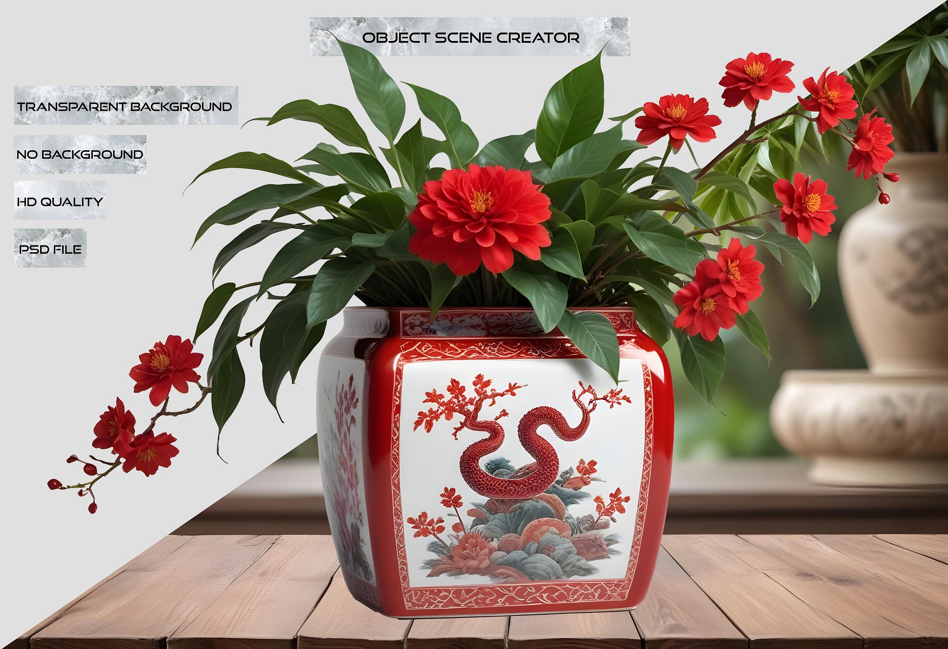 Chinese Red Porcelain Planter – Year of the Serpent Décor PNG product image (2)