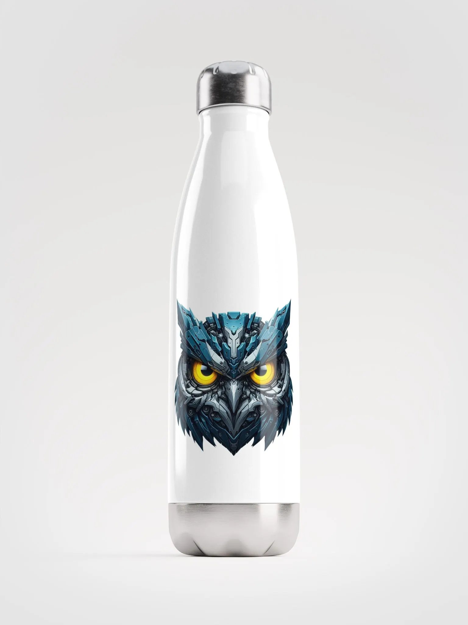 White Stainless Steel Water Bottle with Blue Iron Owl Robot Design product image (1)