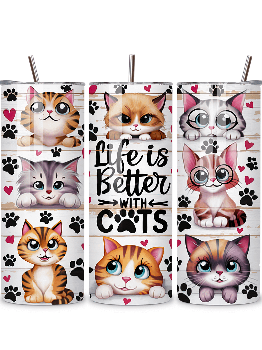 Life is Better with Cats 20oz Skinny Tumbler with Metal Straw – Cute Cat Design – Double-Walled Insulated Stainless Steel Tumbler for Hot & Cold Drinks, Gift for Cat Lovers product image (1)