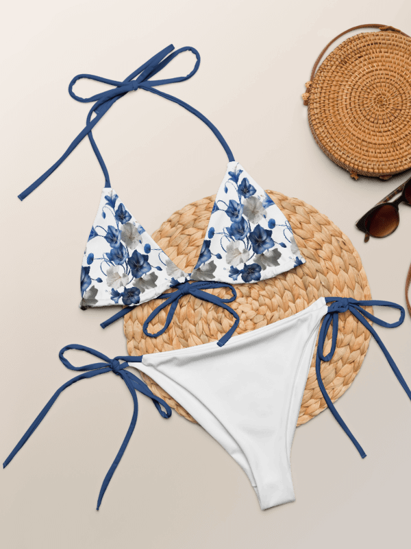 Blue Flowers Low Rise Cheeky String Bikini With White Bottoms product image (1)