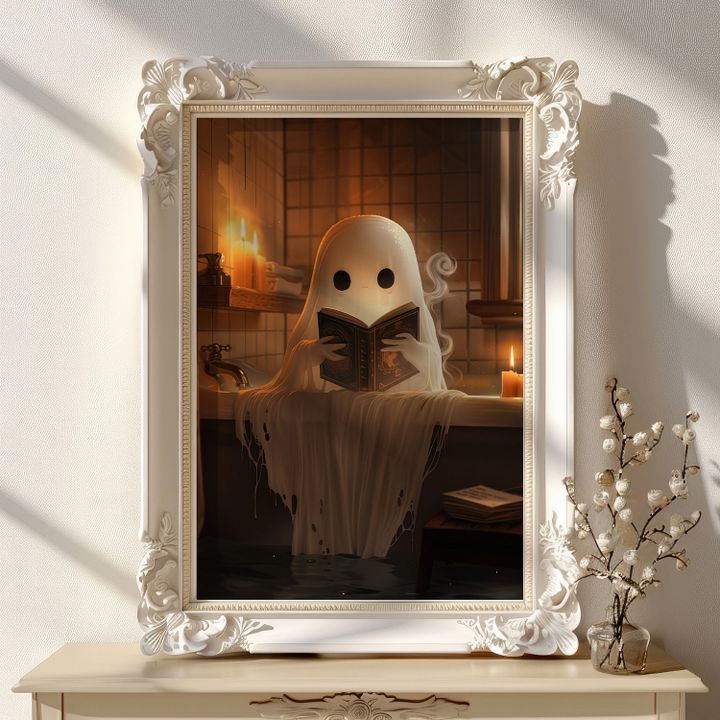 Cute Ghost Reading a Book in The Bathroom Halloween Art Print product image (17)
