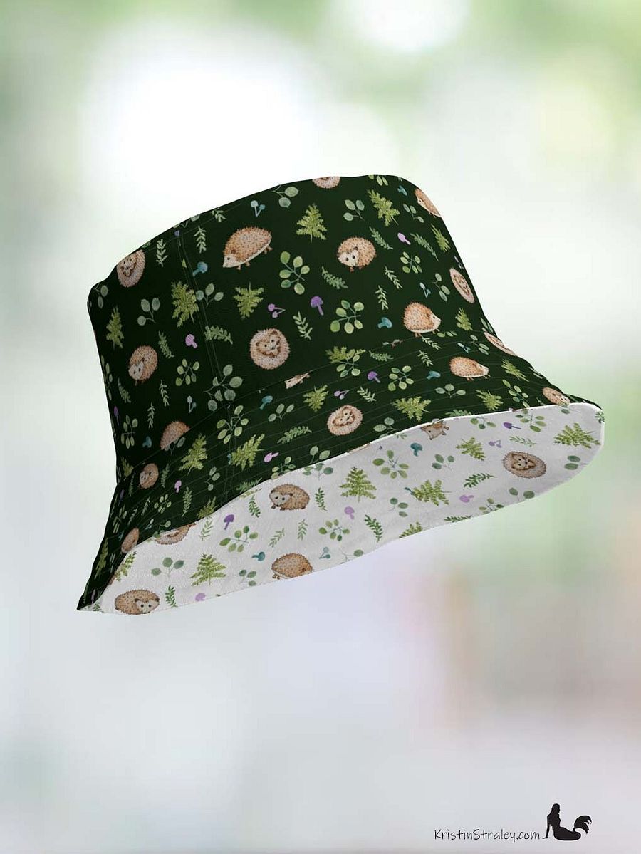 Hedgehogs Reversible Bucket Hat with Hedgehogs on White and Dark Green product image (11)
