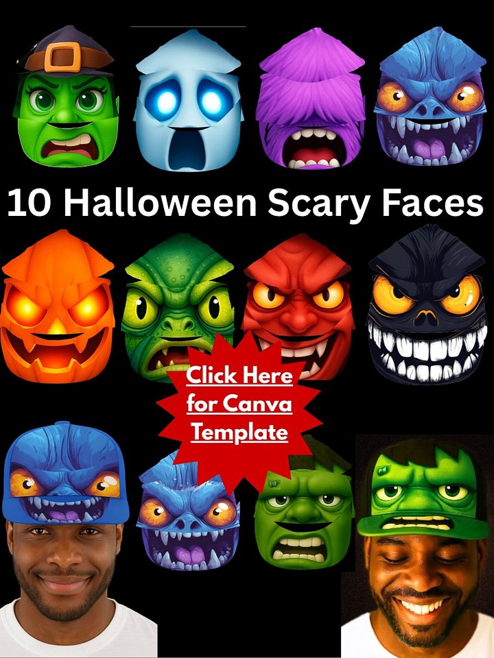 VIP Members Only! Halloween 3D Sublimation Face Hat Templates - Editable in Canva PDF product image (1)