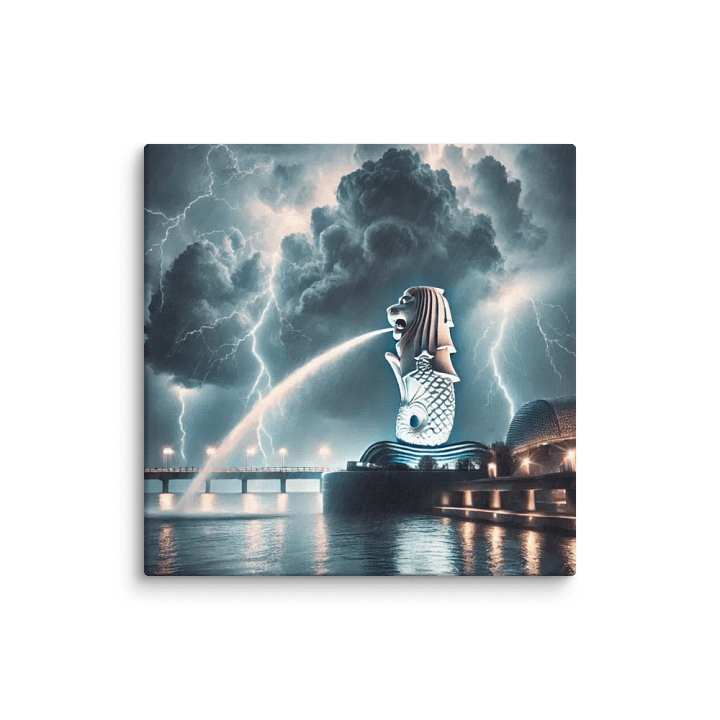 Stunning Singapore Merlion Canvas with Lightning and Esplanade Backdrop - A Unique Artwork for Your Space! product image (1)