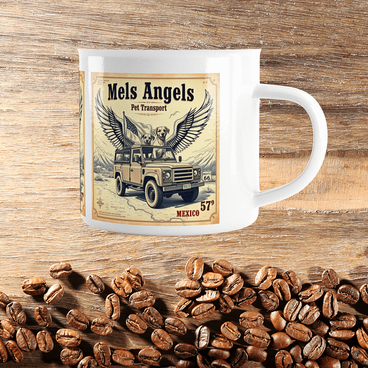 Mels Angels Pet Transport Enamel Mug | Vintage Mexico Travel Cup | Dog Lover Gift, Adventure Coffee Mug, Enamel Camp Mug product image (2)