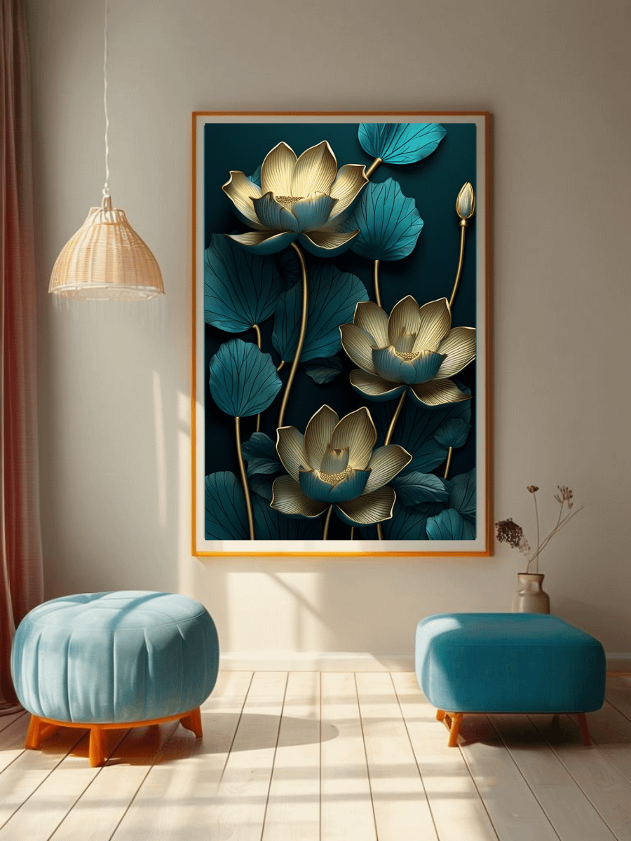 Elegant Lotus Embossed Printable Wall Art – Teal & Gold 3D Design product image (3)