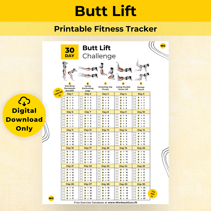 30 Day Butt Lift Challenge - Printable Workout Tracker product image (1)
