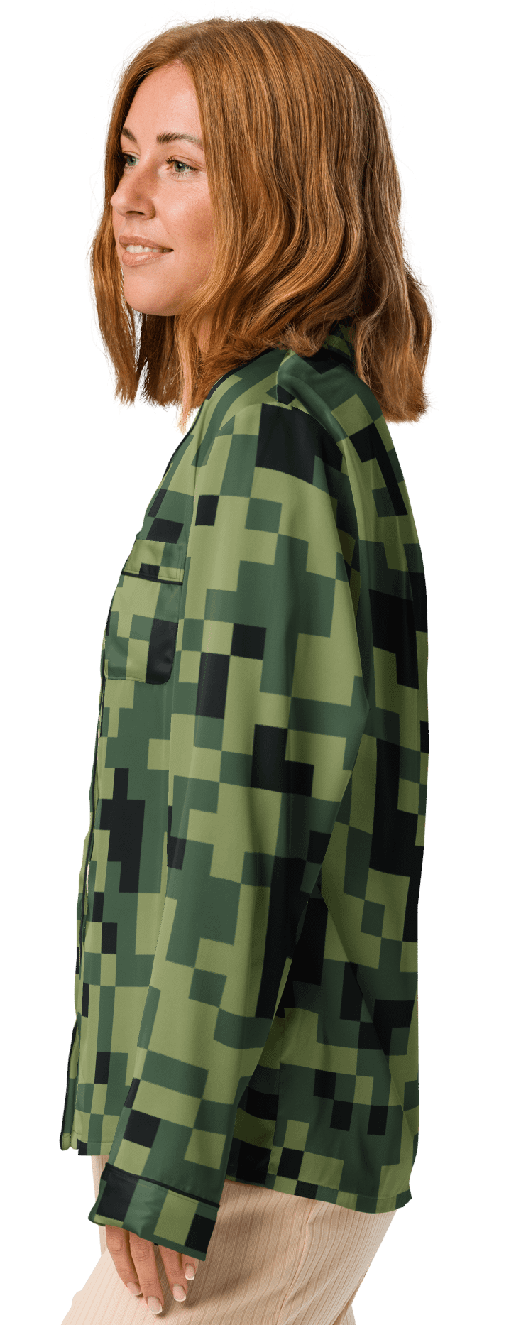 Military Green Camouflage Pixels Camo Pattern Women's Long Sleeve Pajama Top product image (3)