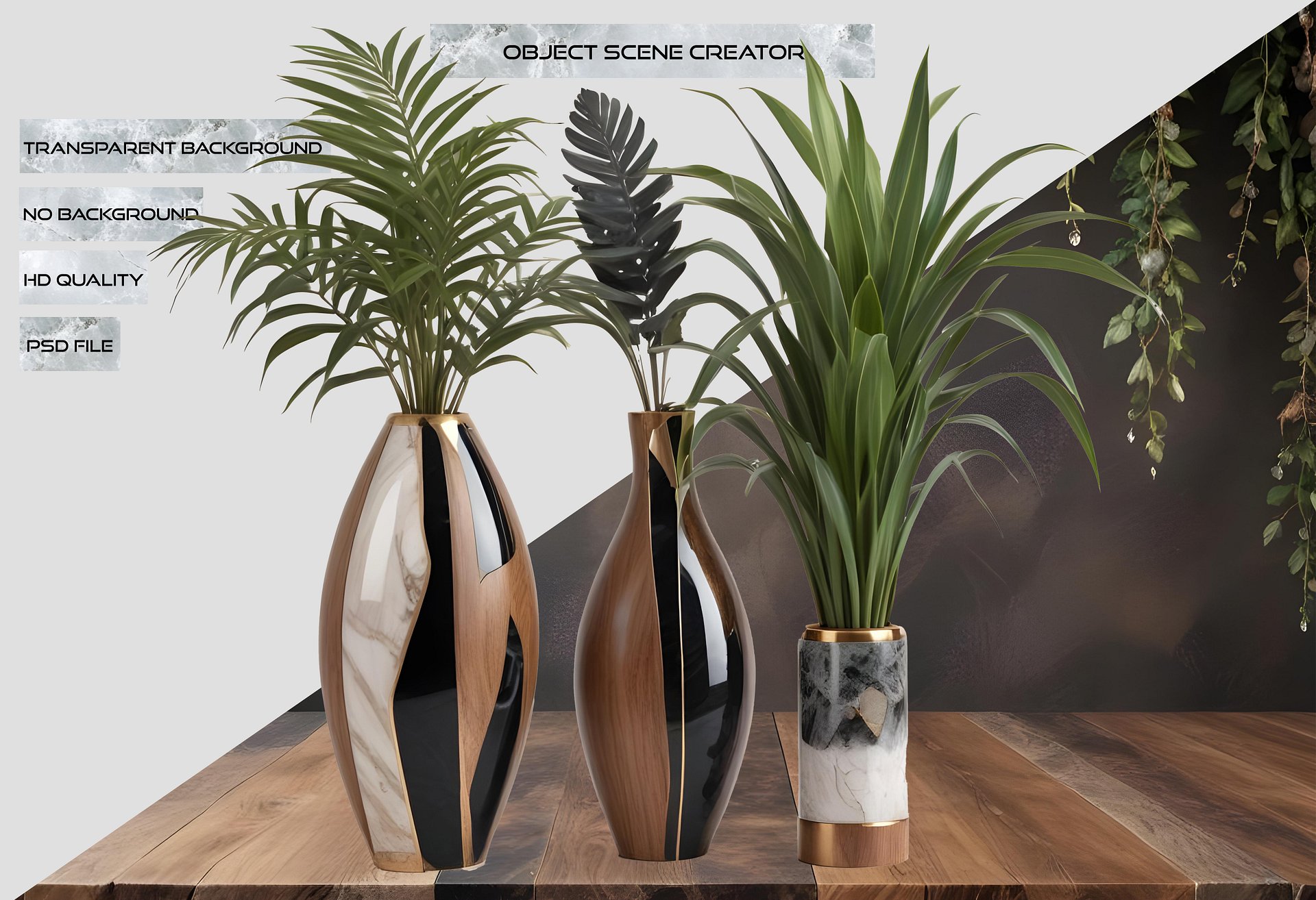 Dream of Eternity Collection – Trio of Art Deco Vases with Greenery – PNG product image (2)