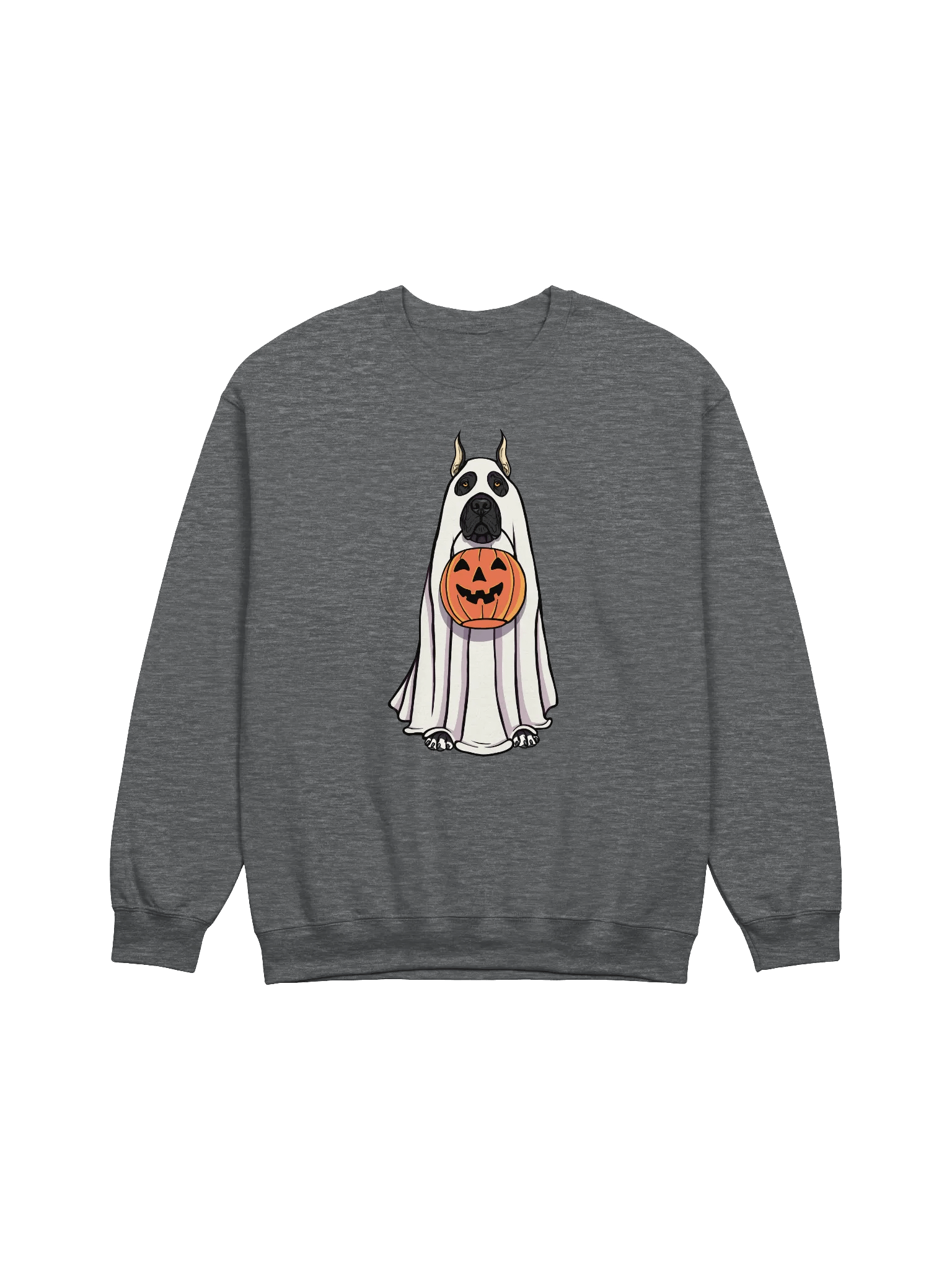 Funny Halloween Great Dane(Cropped Ears Black) Sweatshirt | Funny Great Dane Wearing a Ghost Costume and Holding a Pumpkin Basket product image (3)