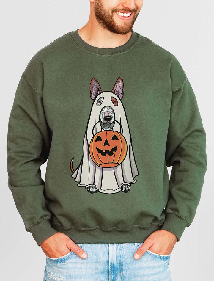 Funny Halloween Bull Terrier(Red) Sweatshirt | Funny Dog Wearing a Ghost Costume and Holding a Pumpkin Basket product image (15)