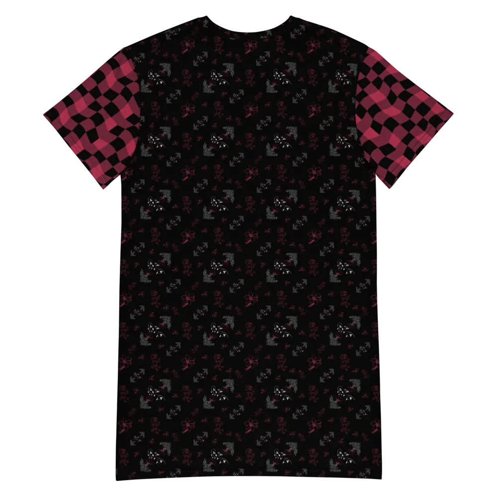 Magenta and White Flowers on Black with Warped Checkered Sleeves Women's T-Shirt Dress product image (5)