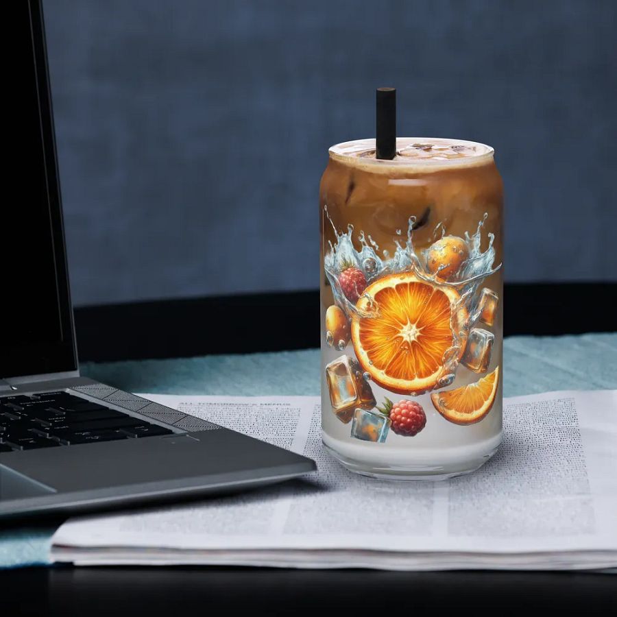 Orange fruit slices floating in the water, water and ice cubes design_03-Can-Shaped Glass product image (3)