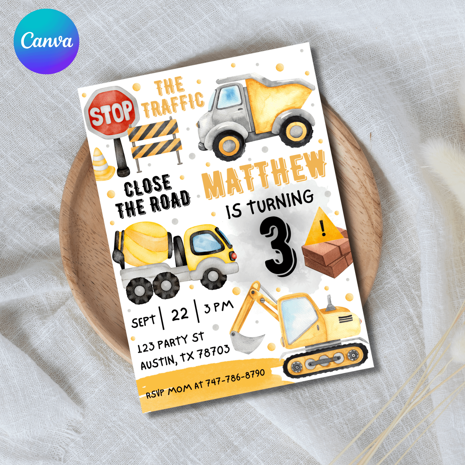 Construction Birthday Invitation Template – Canva Editable Builder Party Invite product image (1)