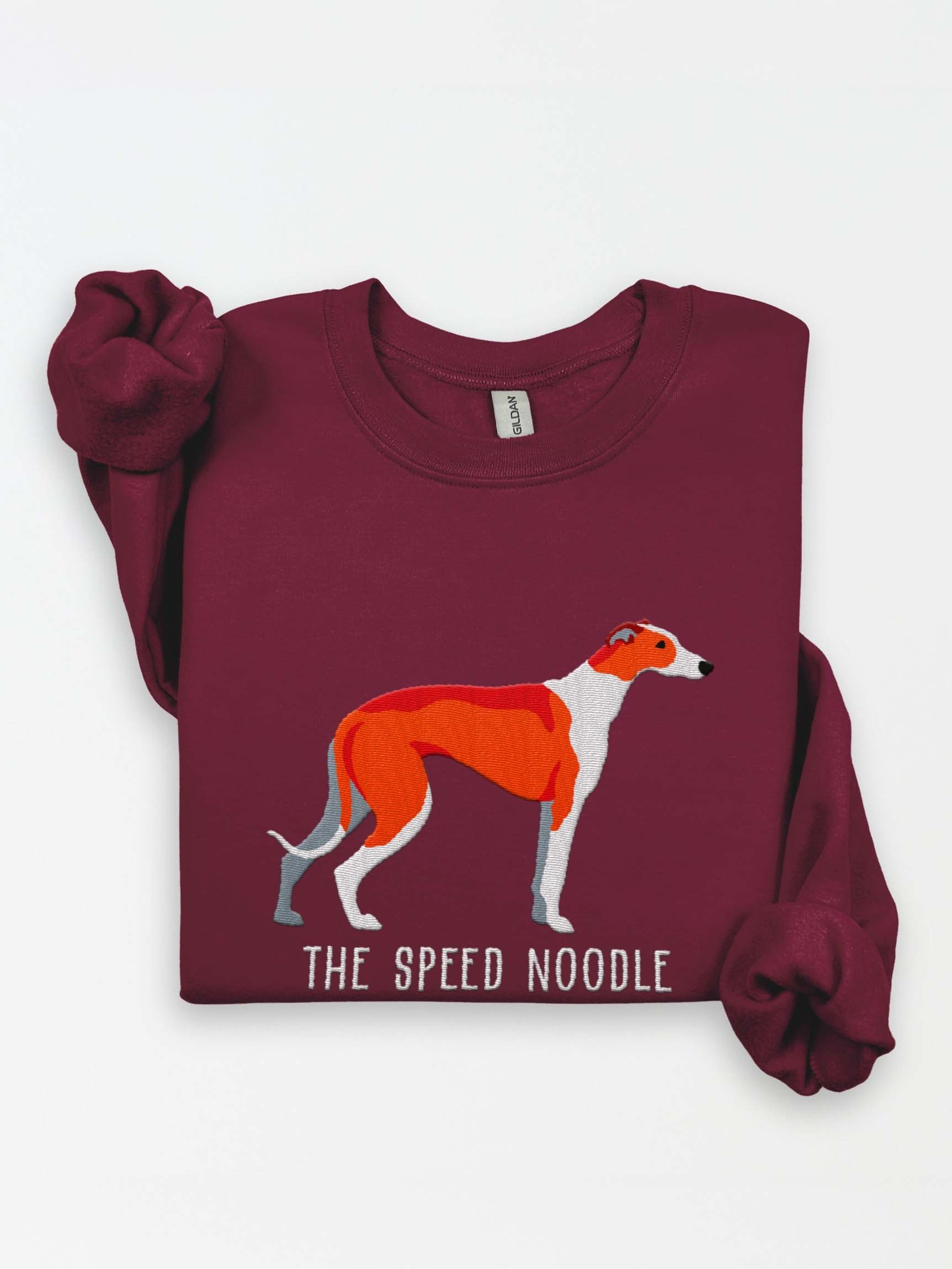The Speed Noodle Sweatshirt (Embroidered) of an English Greyhound(Red & White) product image (1)